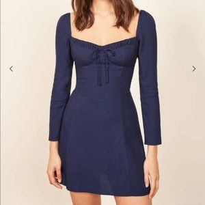 Reformation Sydney Long Sleeve Bow Tie Mini Dress in Blue/Danube NWOT